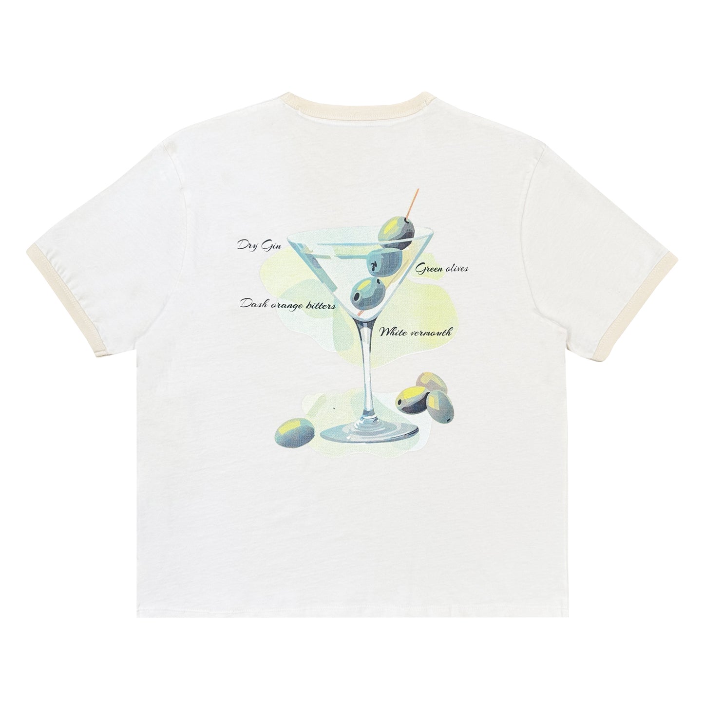 White t-shirt with a cocktail graphic and text on a white background