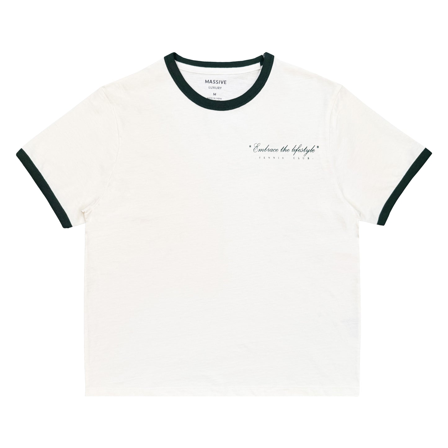 White t-shirt with black ringer sleeves on a white background