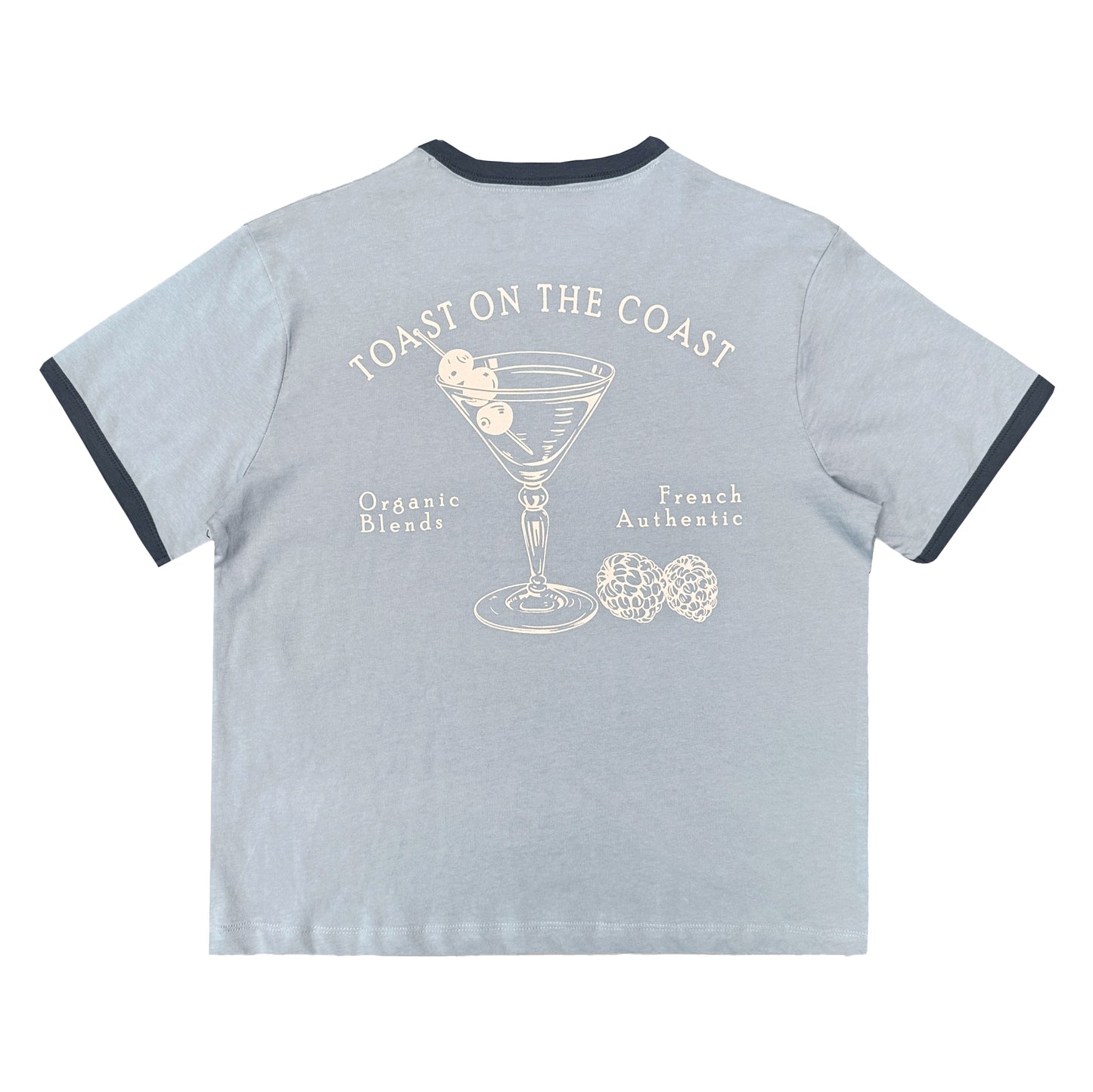 Light grey t-shirt with a graphic of a martini glass and text on a white background