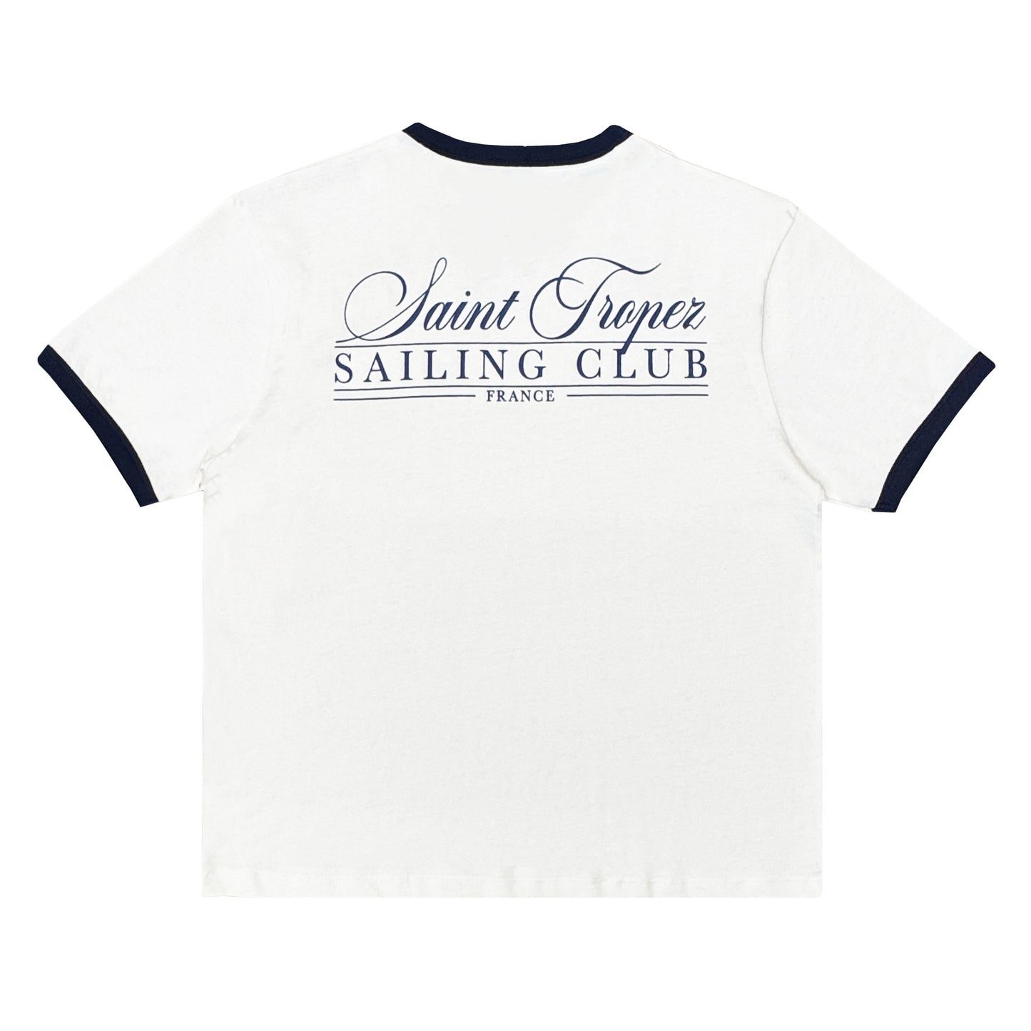 White t-shirt with 'Saint Tropez Sailing Club France' text on a white background