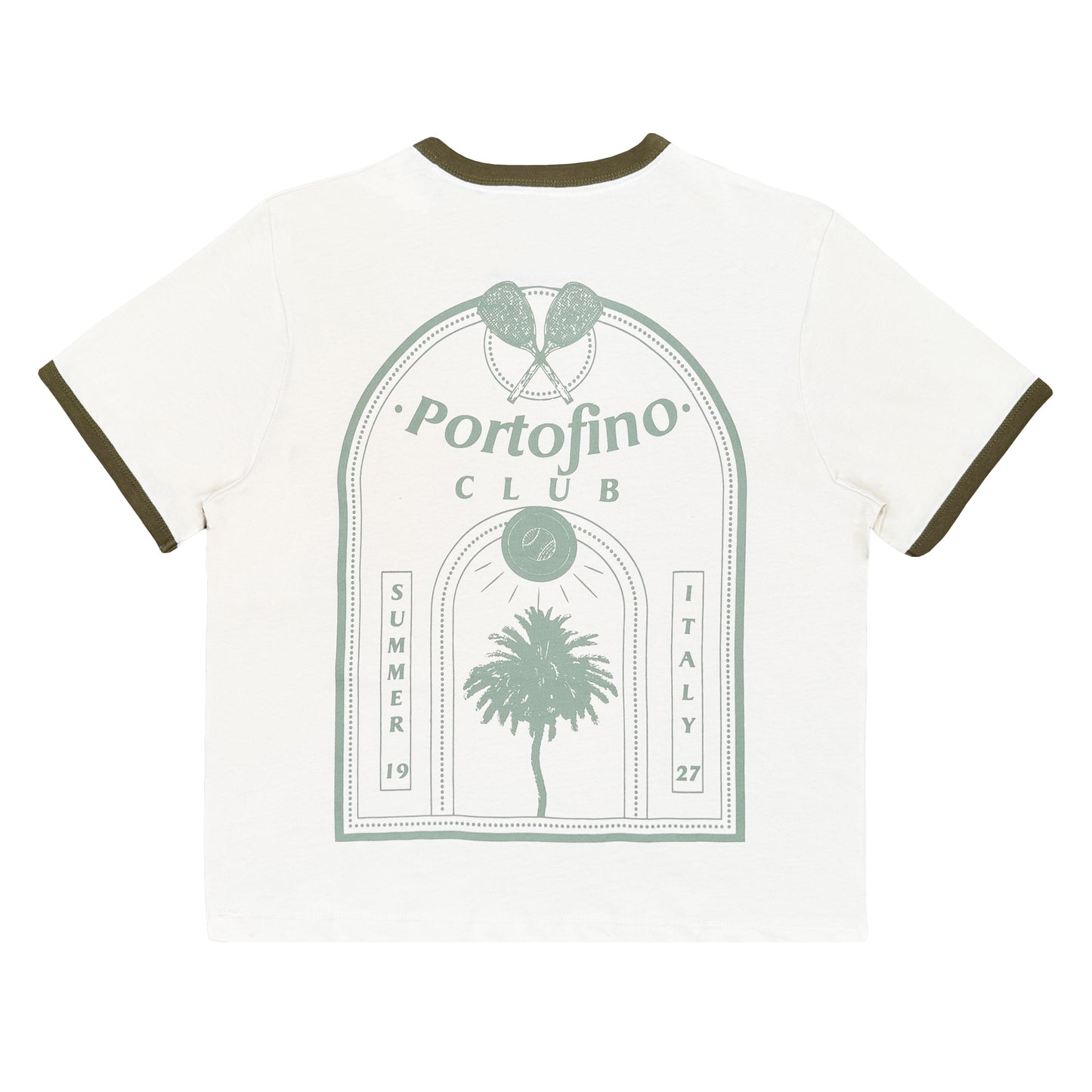 White t-shirt with green graphics and text on a white background
