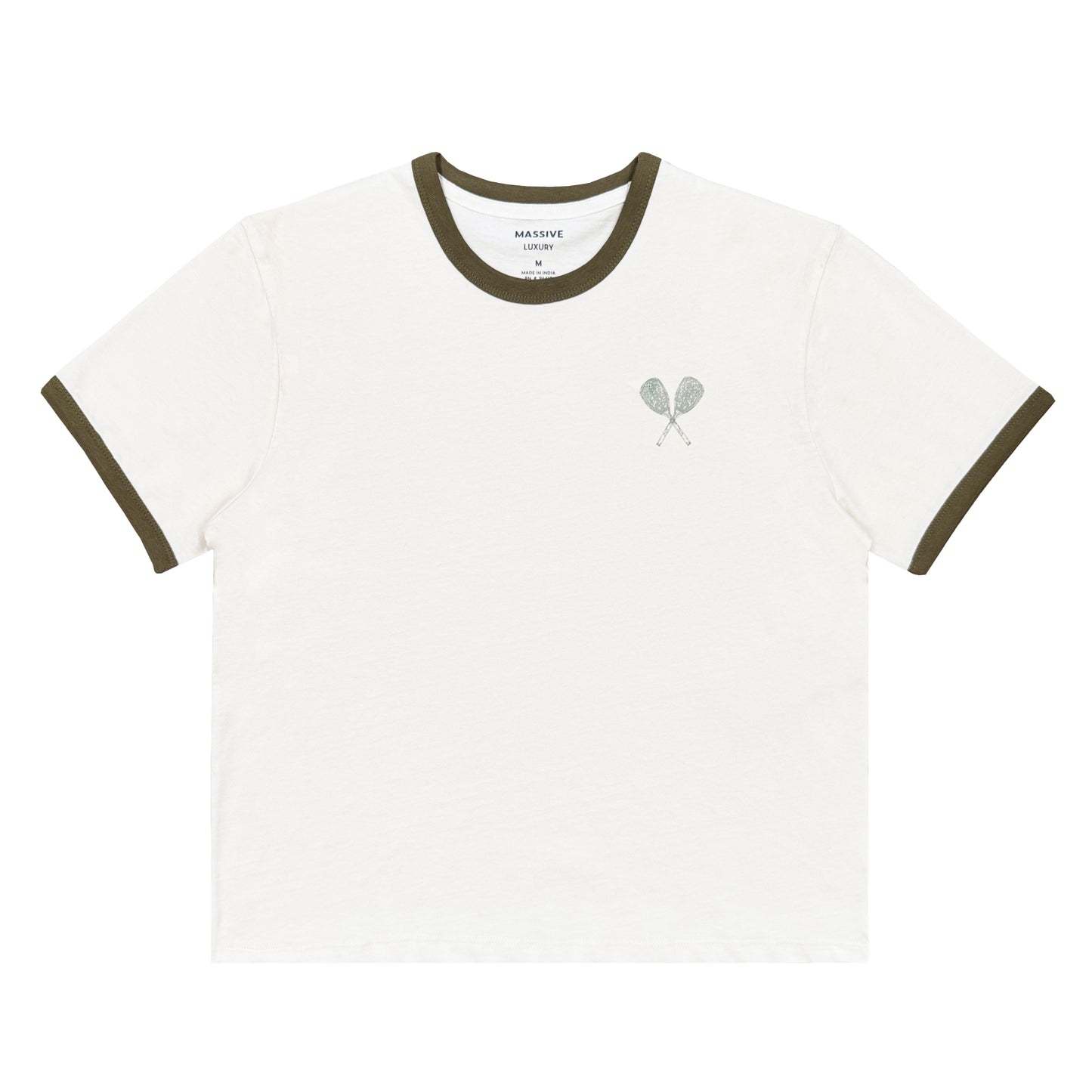 White t-shirt with green accents and a logo on a white background