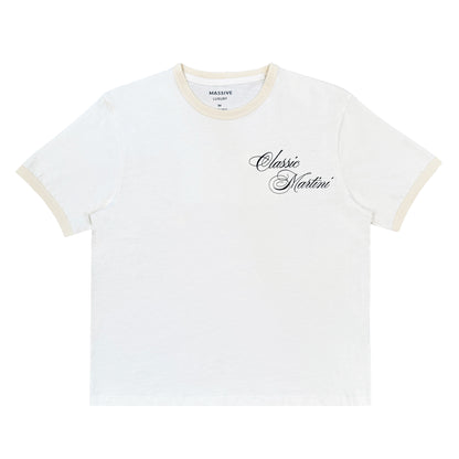 White t-shirt with 'Classic Martini' text on a white background