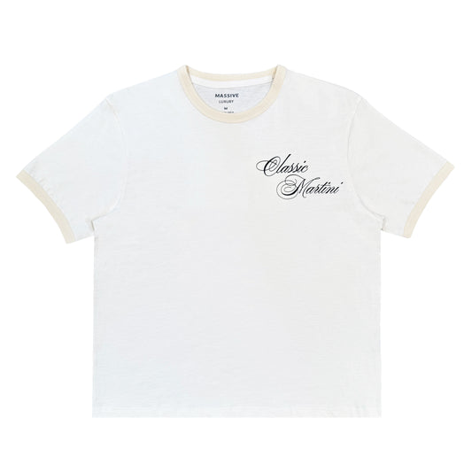 White t-shirt with 'Classic Martini' text on a white background
