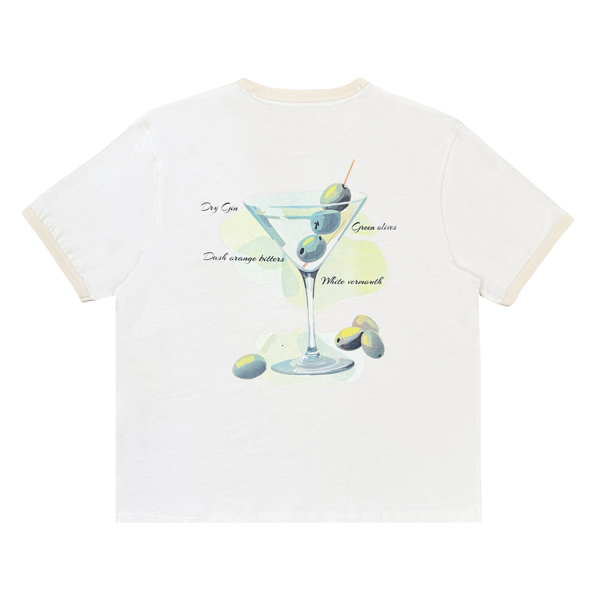 White t-shirt with a cocktail graphic and text on a white background