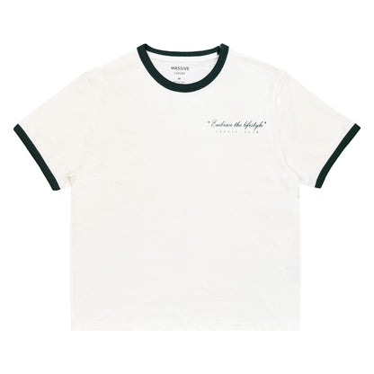 White t-shirt with black ringer sleeves on a white background