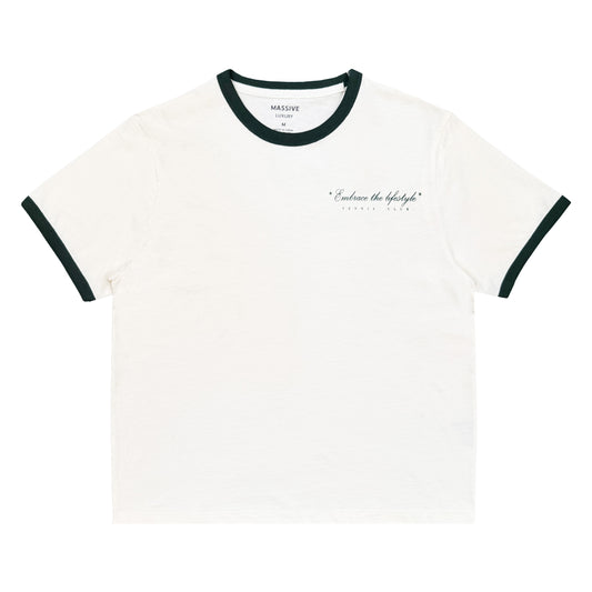 White t-shirt with black ringer sleeves on a white background