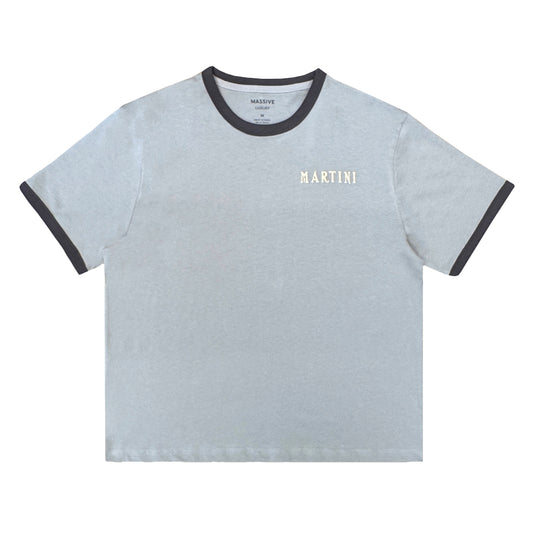 Light grey t-shirt with black trim and "MARTINI" print on a white background