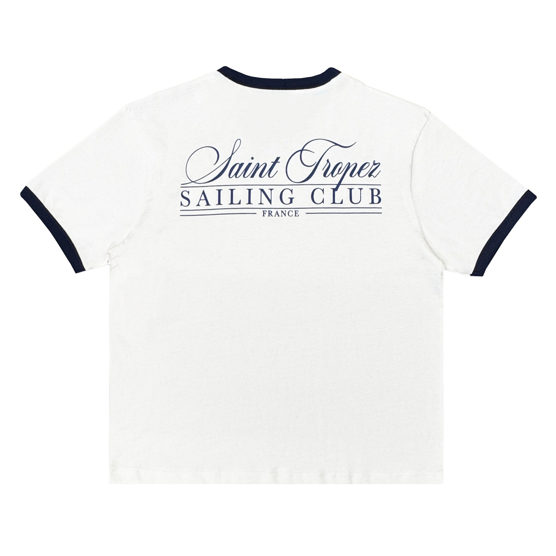 White t-shirt with 'Saint Tropez Sailing Club France' text on a white background