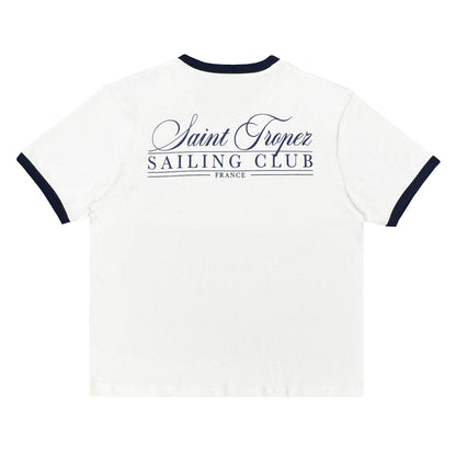 White t-shirt with 'Saint Tropez Sailing Club France' text on a white background