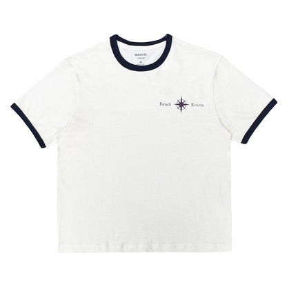 White t-shirt with navy trim and branding on a white background