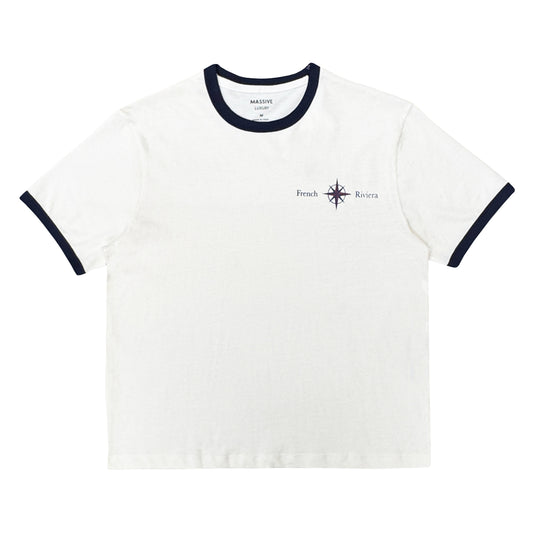 White t-shirt with navy trim and branding on a white background