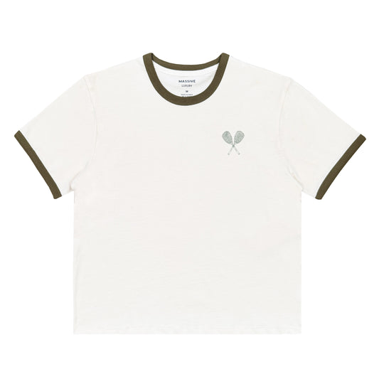 White t-shirt with green accents and a logo on a white background